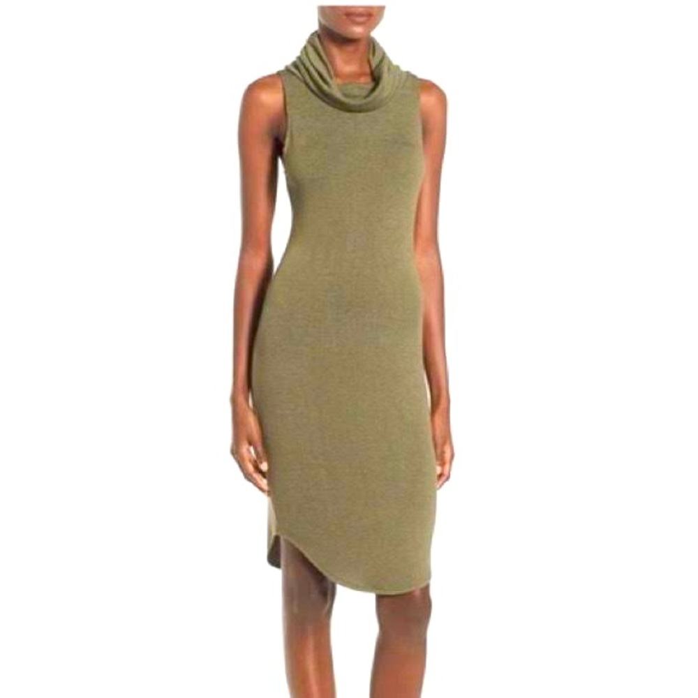 Leith Olive Cowlneck Sleeveless Stretch Bodycon Midi Dress Size Medium